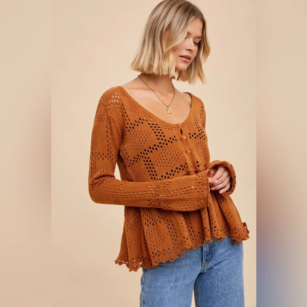 NWOT In Loom Penelope Pointelle Knit Sweater Pumpkin Size Small